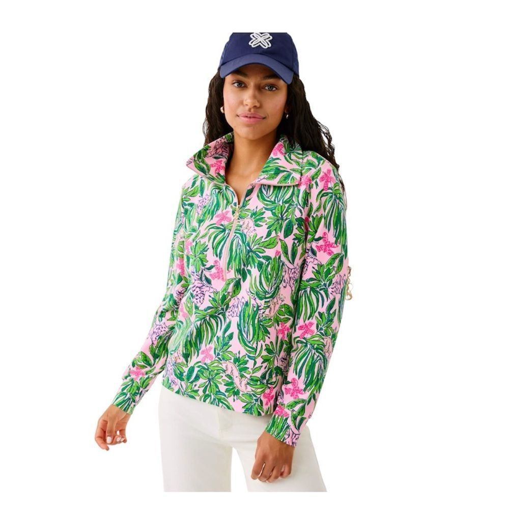Lilly Pulitzer Island Cowl Neck Popover top with a tropical leaf print. EUC